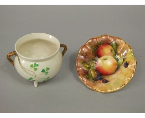 A Belleek two handled cauldron type pot with shamrock decoration and mark to base, 8cm tall, together with a Royal Worcester 