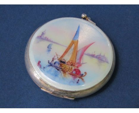 Silver and guilloche enamel compact, the top decorated with a Venetian boating scene, 5.5cm diameter