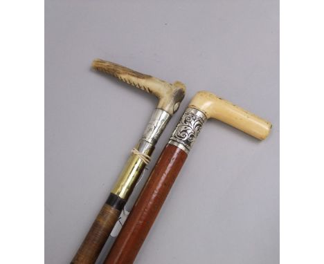 Malacca shafted walking stick with ivory handle and white metal collar together with a further taller example (2)