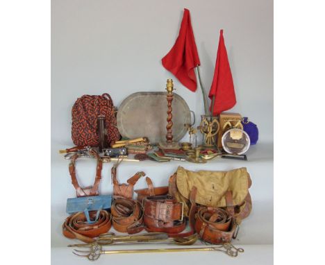 Miscellaneous items to include two pairs of cantilever brass postal scales, upholstery webbing and hooks, two red danger flag