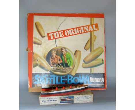 A Chad Valley RMS Queen Mary cardboard model, with removable decks, further vintage game, The Original Skittle Bowl by Aurora