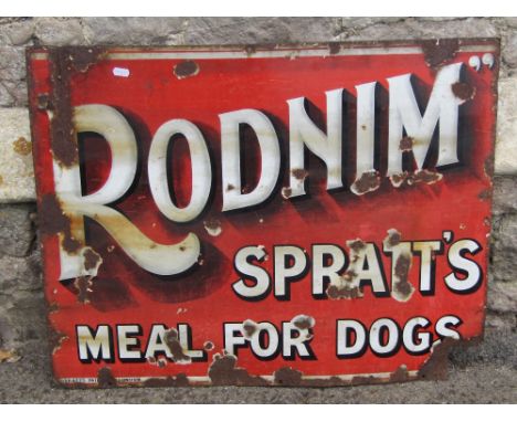 An old vintage enamel sign of rectangular form advertising Rodnim Sprat's meal for dogs, 76 cm x 60 cm