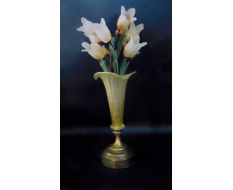 Interesting mottled glass and patinated cast metal table lamp in the form of a bunch of tulips, with a stepped circular brass