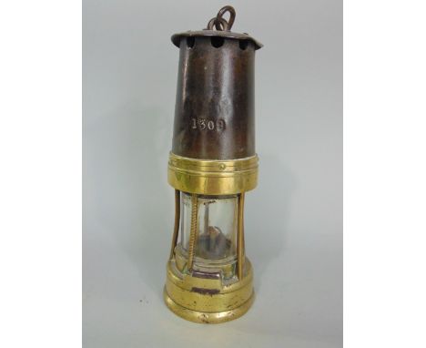 A vintage miners lamp in brass and steel - no makers plate, stamp 1309