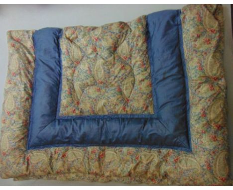 A vintage feather filled single eiderdown in a brightly coloured floral pattern with additional blue panels, approx size 158 