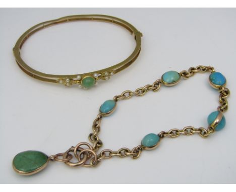 A bracelet set with cabochon turquoise in varying tones (one cabochon vacant), together with a hinged bangle with agate and s