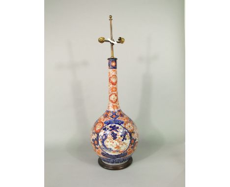 A 19th century imari bottle shaped vase with drawn neck (presented as a lamp with double fitting to top, 62cm (excluding fitt