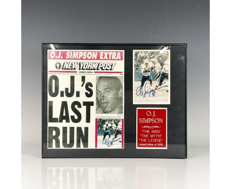 This framed collage includes an autographed photo of OJ during his football days, a name placard, and a replica of the New Yo