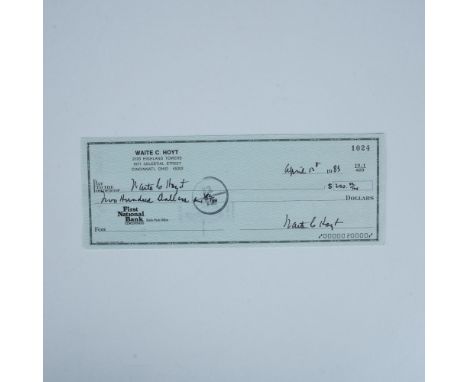 This is a cancelled check from First National Bank, filled out and signed by New York Yankee Hall of Famer, Waite Hoyt. Dimen