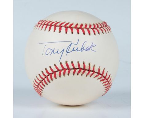 This is an official American League baseball signed in blue ink by Tony Kubek. Certificate of Authenticity from Just Rookies 