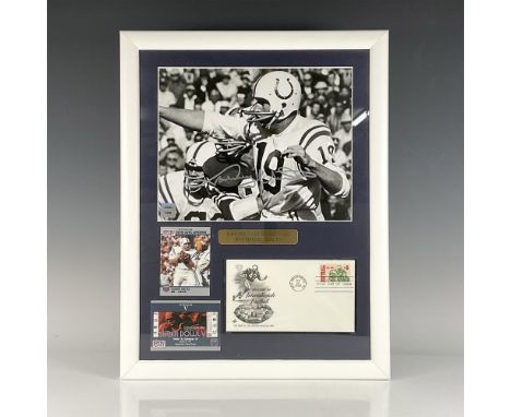 This framed collection of football memorabilia includes a Johnny Unitas autographed photo, a Super Bowl ticket card, a Por Se