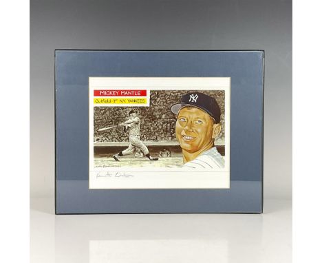 This illustration of Mickey Mantle features a vibrant portrait in the foreground with a black-and-white image of him hitting 