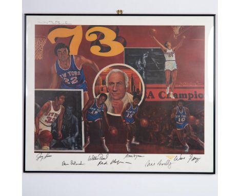 1973 World Champions Knickerbockers by Robert Stephen Simon. A lithograph of the 1973 New York Knicks signed by Hall of Famer