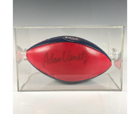 This is a red and blue commemorative XXXVI Super Bowl football hand-signed by Adam Vinatieri. Signed Certificate of Authentic