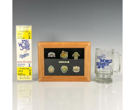 This collection includes a Unical 76 six pin framed set with enameled pins celebrating events from the 60's to the 80's, a gl