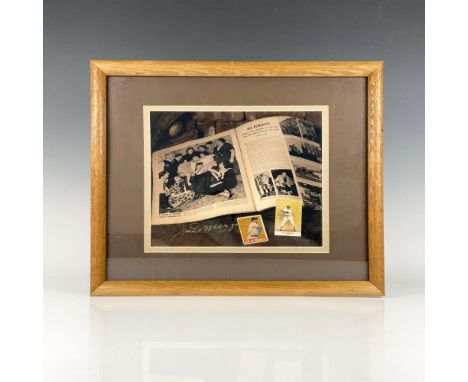 This photo of Joe DiMaggio with his family along with two of his baseball cards in a collage is signed by Joe in gold ink. Ce