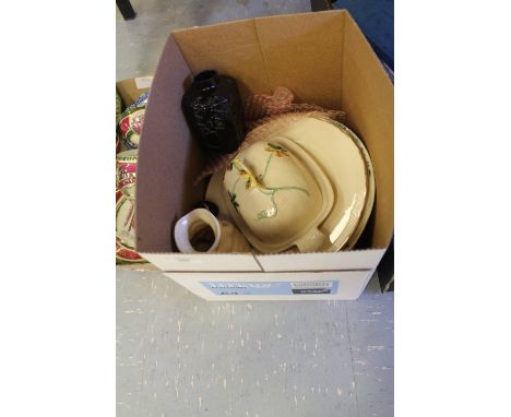 Small box of miscellaneous including Shorter butter dish & black ceramic tea canister with vine decoration (chips & cover mis