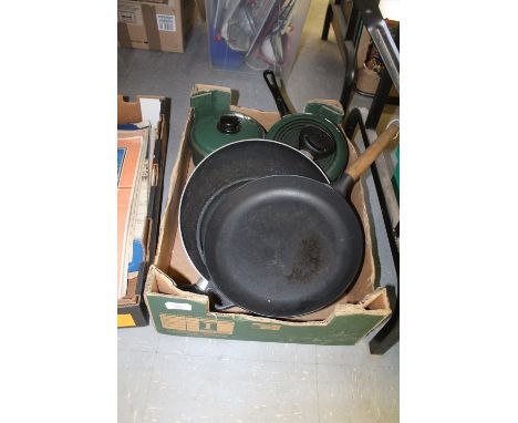 Morso Cast Iron Danish Frying Pan, Wok and 2 Judge Green Enamel Pans