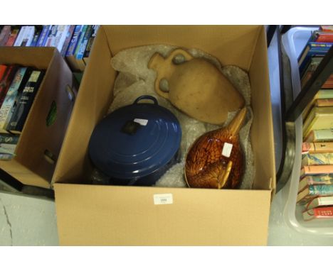 Blue Le Creuset blue enamel saucepan, Price Kensington hen on nest, small Amphora
