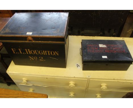 Victorian metal trunk worded 'E.L. Houghton No.2 and a metal deed box