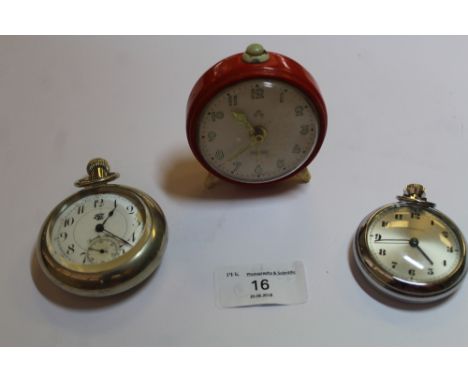 2 pocket watches and small alarm clock