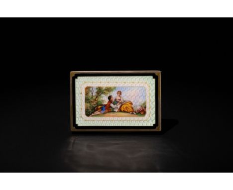 A Continental Brass & Enamel Snuff Box, Depicting a Couple on a Field, 19th Century.Approximately 9 x 6 x 1.5cm