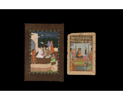 **NO RESERVE**A Lot of Two Indian Miniature Paintings Depicting a Courtly Scene and Royal Ceremony with Persian Script Manusc