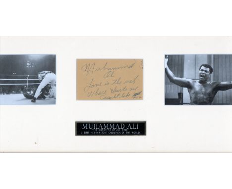 "The Greatest of All Time"Ali (Muhammad) a framed collage of two action black and white action photographs, with a manuscript