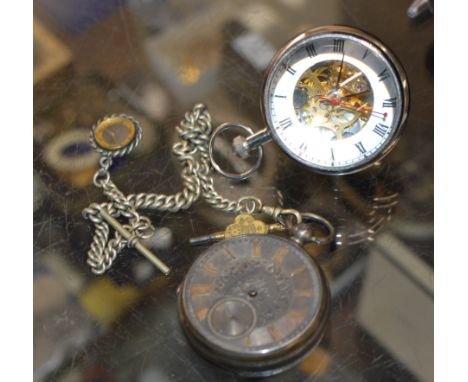 SILVER CASED POCKET WATCH WITH CHAIN &amp; KEY, WITH 1 OTHER POCKET WATCH     