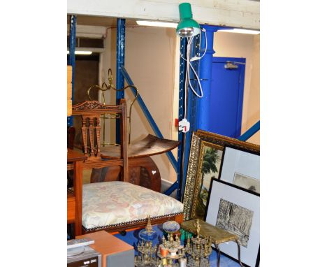 MAHOGANY SINGLE CHAIR, RETRO STYLE LAMP &amp; 3 VARIOUS PICTURES     