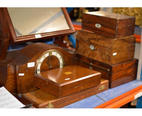 CHIMING MANTLE CLOCK, 3 VARIOUS DECORATIVE BOXES, CARVING SET &amp; CASED SET OF EP FISH KNIVES &amp; FORKS     
