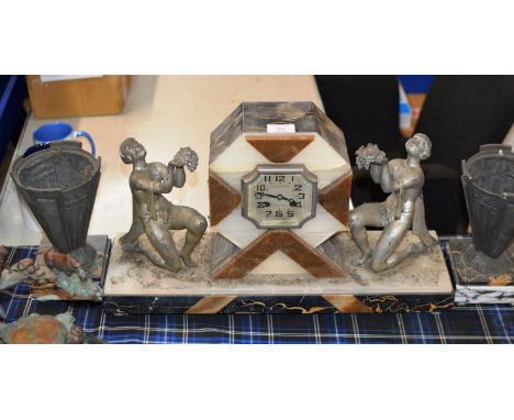 3 PIECE ART DECO GARNITURE SET COMPRISING LARGE STRIKING MANTLE CLOCK &amp; PAIR OF SIDE VASES     
