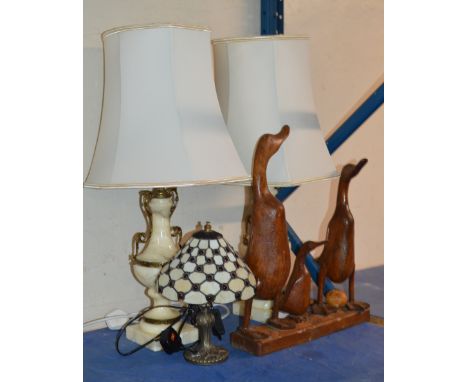 PAIR OF ONYX TABLE LAMPS WITH SHADES, WOODEN DUCK DISPLAY &amp; 1 OTHER LAMP     