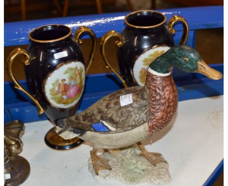 LARGE GOEBEL DUCK ORNAMENT &amp; PAIR OF DECORATIVE DOUBLE HANDLED VASES     