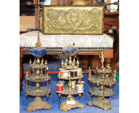 3 VARIOUS OLD ORNATE VICTORIAN BRASS BOBBIN / THREAD STANDS &amp; SCOTTISH CELTIC STYLE TRIVET STAND     