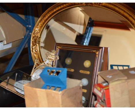 MODERN BAROMETER, GILT FRAMED MIRROR, GOLF BALL DISPLAY, WALL CLOCK &amp; 2 SMALL BOXES WITH ASSORTED MODEL RAILWAY ACCESSORI