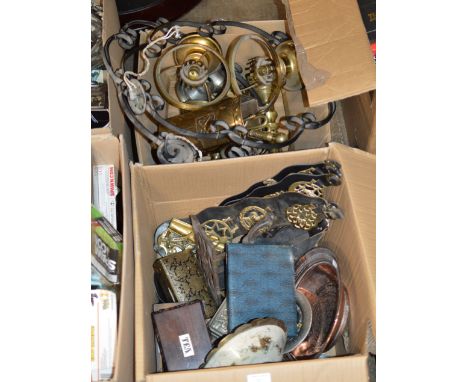 2 BOXES WITH BRASS WARE, TEA BOX, LIGHT FITTINGS, EP SPOONS, EASTERN STYLE BOWL, HORSE BRASSES, FIRESIDE ACCESSORIES ETC     