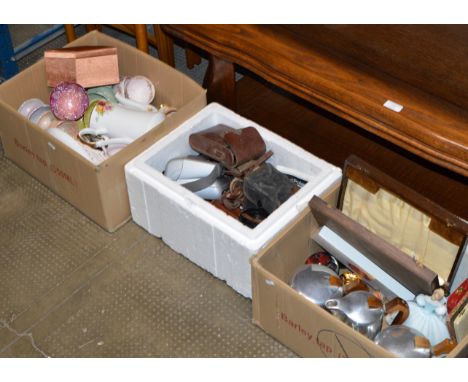 3 BOXES WITH VINTAGE CAMERAS, CUTLERY, PICQUOT WARE TEAPOTS, COLOURED GLASS WARE, TEA WARE ETC     