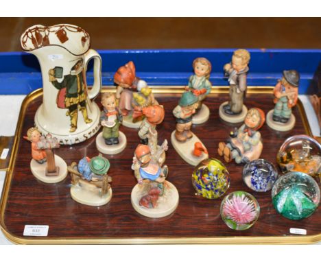 TRAY WITH VARIOUS HUMMEL FIGURINE ORNAMENTS, GLASS PAPER WEIGHTS, DOULTON JUG ETC     