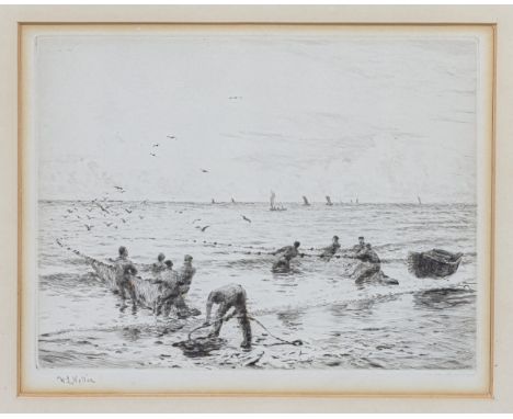 William Lionel Wyllie RA, RI, RE (British, 1851-1931), "Hauling the Seine", etching on laid paper, signed in pencil lower lef