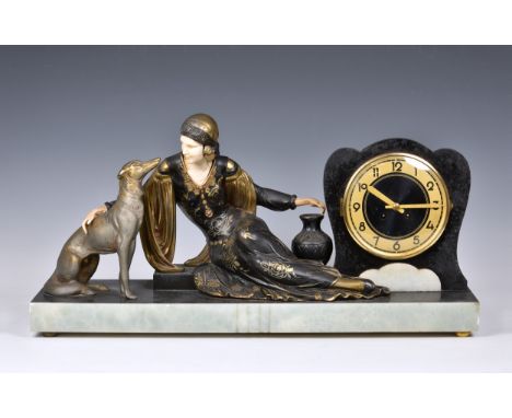 A French Art Deco marble, onyx and spelter mantel clock, 1930s, the black and gilt Arabic dial signed 'Bodineau Cholet', fron