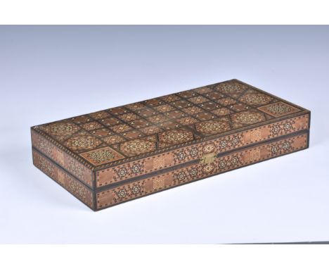 A vintage inlaid backgammon board / box outside of board has a grid of 64 squares, probably for chess and draughts, 20 x 19¾i