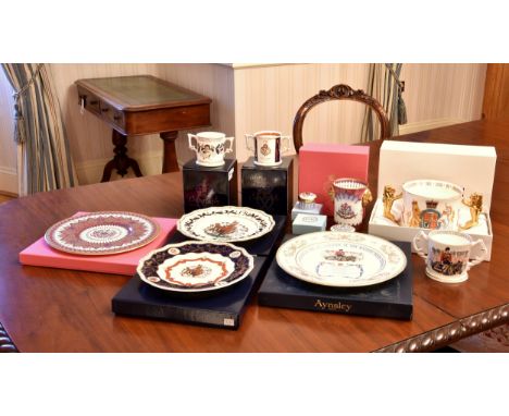 A collection of Queen Elizabeth II commemorative china mostly boxed, comprising a Royal Crown Derby 2002 Golden Jubilee plate