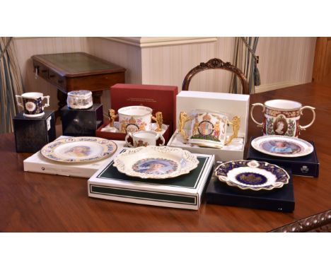 A collection of Queen Elizabeth the Queen Mother commemorative china mostly boxed, comprising a Royal Crown Derby for Goviers