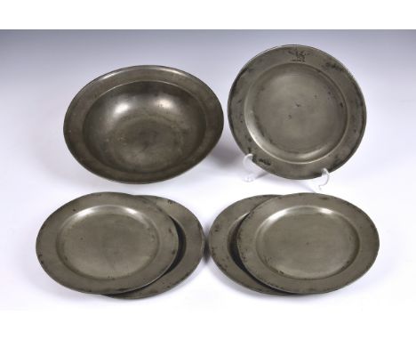 Four 18th century pewter plates, each marked for Edmund Harvey (Stock-on Tees, 1700-1750), 8 ¾in. (22.4cm.) diameter, togethe