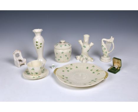 A collection of Belleek Pottery giftware,&nbsp; each with gold/brownish 7th mark 1980-1993, comprising a tree trunk posy vase