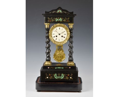 A French ebony, ebonised and inlaid portico clock late 19th early 20th century, French, the twin train movement signed 'J. Ma