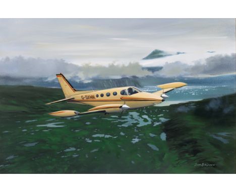 Jim Brown (British, 20th century) Cessna 340A ‘G-SAMM’ in flight, oil on canvas, signed lower right 19¾ x 20½in. (50.2 x 52cm