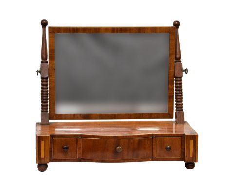 A 19th century box base mahogany and rosewood toilet mirror, the rectangular plate on bobbin turned uprights, to a three draw