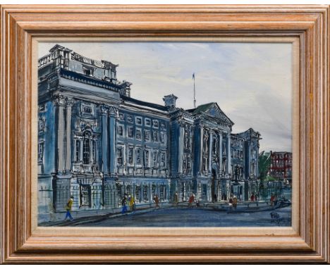 Pete Hogan (Irish, 20th century), Trinity College, Dublin, oil on board, signed lower right, artist's label verso, behind gla